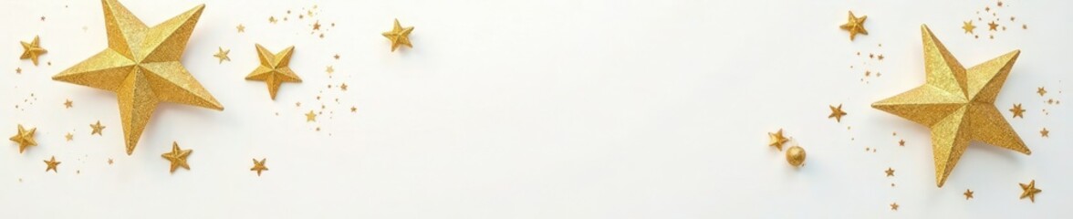 Glittering golden stars on a pure white surface with a subtle texture, , golden glitter, holiday decoration