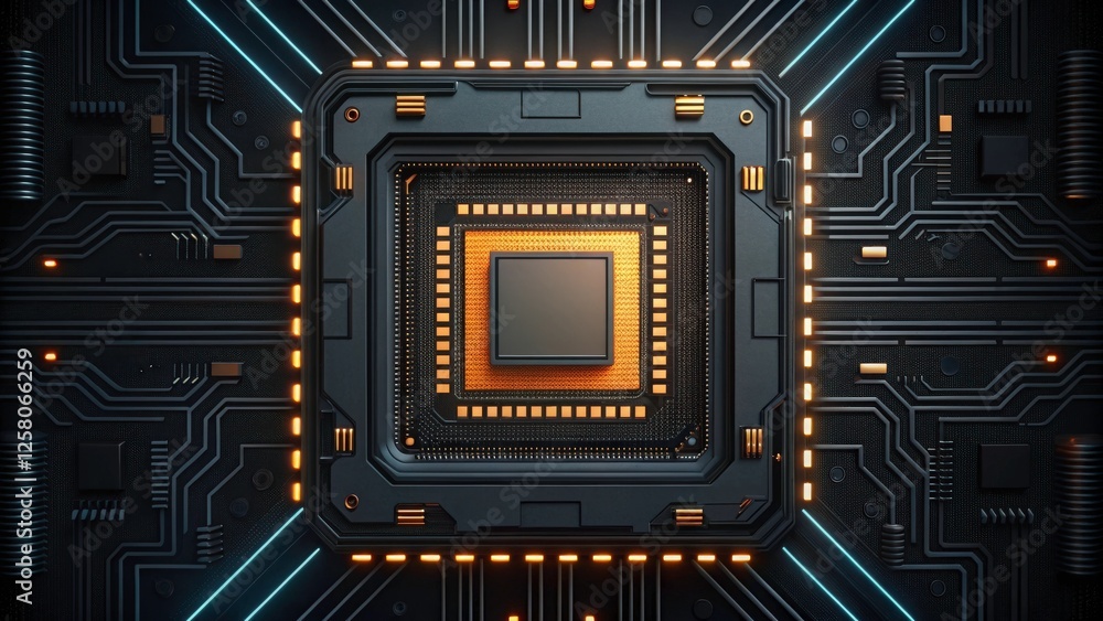 Poster a close-up of a computer chip, with glowing circuitry lines. the chip is surrounded by a complex mot