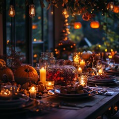 Autumnal Thanksgiving feast, candlelit table, garden background