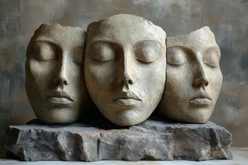 Three serene stone heads display intricate craftsmanship in a minimalist setting