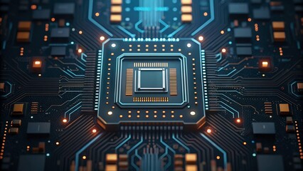 Close-up view of a central processing unit (CPU) on a circuit board, glowing with vibrant blue and orange hues. The intricate details of the circuitry are highlighted.