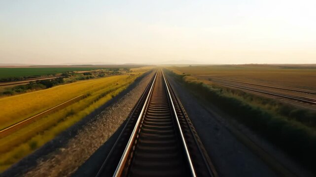 Scenic view of railway tracks stretching through tranquil countryside landscape.