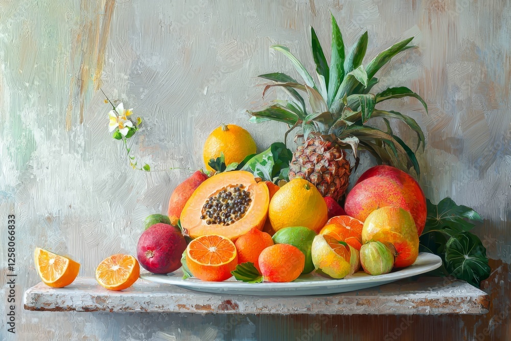 Wall mural Assortment of fresh tropical fruits on white ceramic plate.