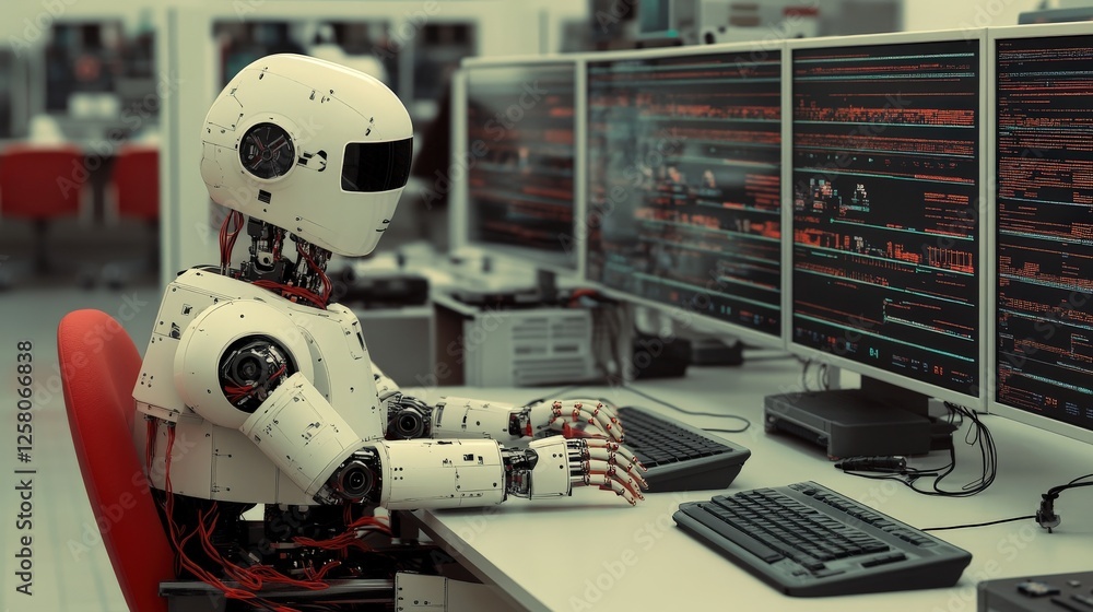 Aufkleber Robot Working on Multiple Computer Monitors in Modern Office Space