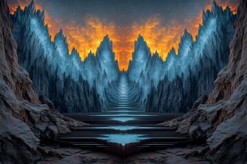 Surreal Alien Landscape-  Fiery Sky, Blue Mountains, and a Mysterious Path
