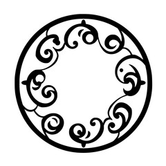 Black ornate circular frame with open center. The circle is defined by black lines, displaying swirling filigree patterns.