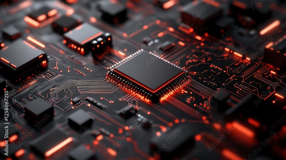 Poster high-tech circuit board with neon lights and modern components