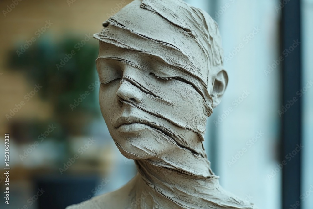 Poster artistic clay sculpture of a serene figure with wrapped features displayed in a contemporary gallery