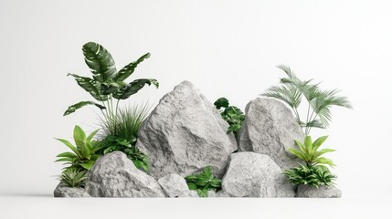 Tropical plants growing on rocks, white background, nature scene, design element