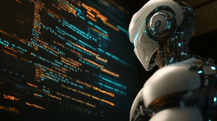 Futuristic robot with glowing design and programming code overlay on a dark background, symbolizing artificial intelligence, technology, and the evolution of robotics in 3D rendering