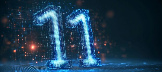 Glowing Digital Big 3D Blue Number 11 in Futuristic Style on Digital Matrix Background