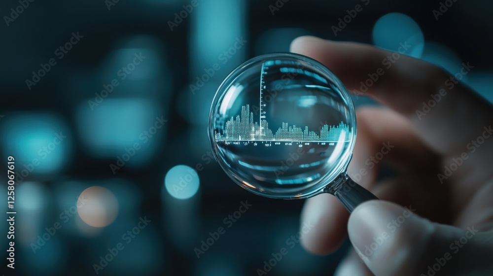 Poster analyzing data trends through magnifying glass and graph visualization
