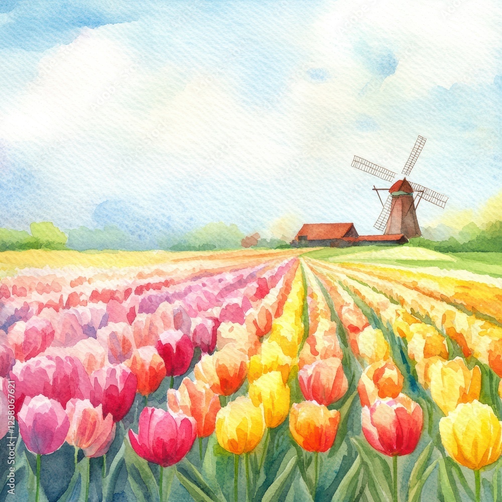 Poster colorful watercolor illustration of tulip fields with a windmill and vibrant spring colors in the ba