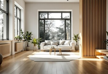 Modern living room, sunlight, wooden floors, minimalist design, home interior