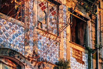 Close-up of a facade in Porto covered with traditional ceramic tiles (azulejos)