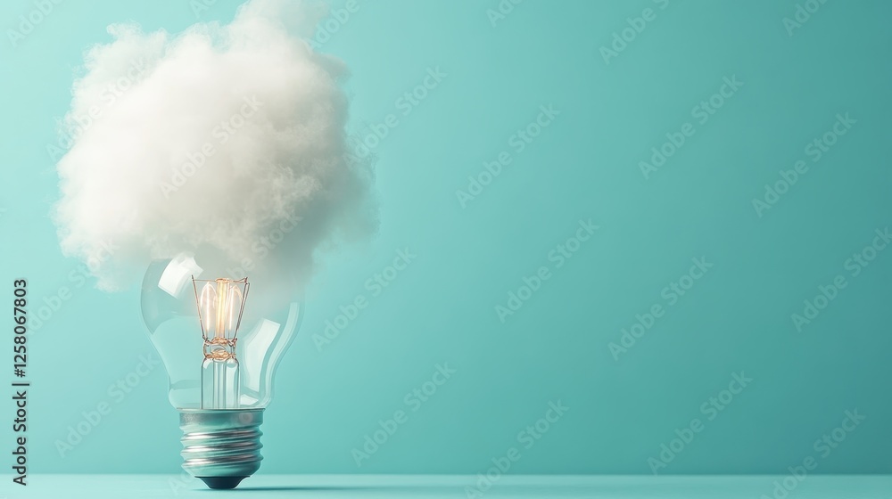 Poster a visually striking image of a light bulb enveloped in a fluffy cloud, representing ideas, creativit