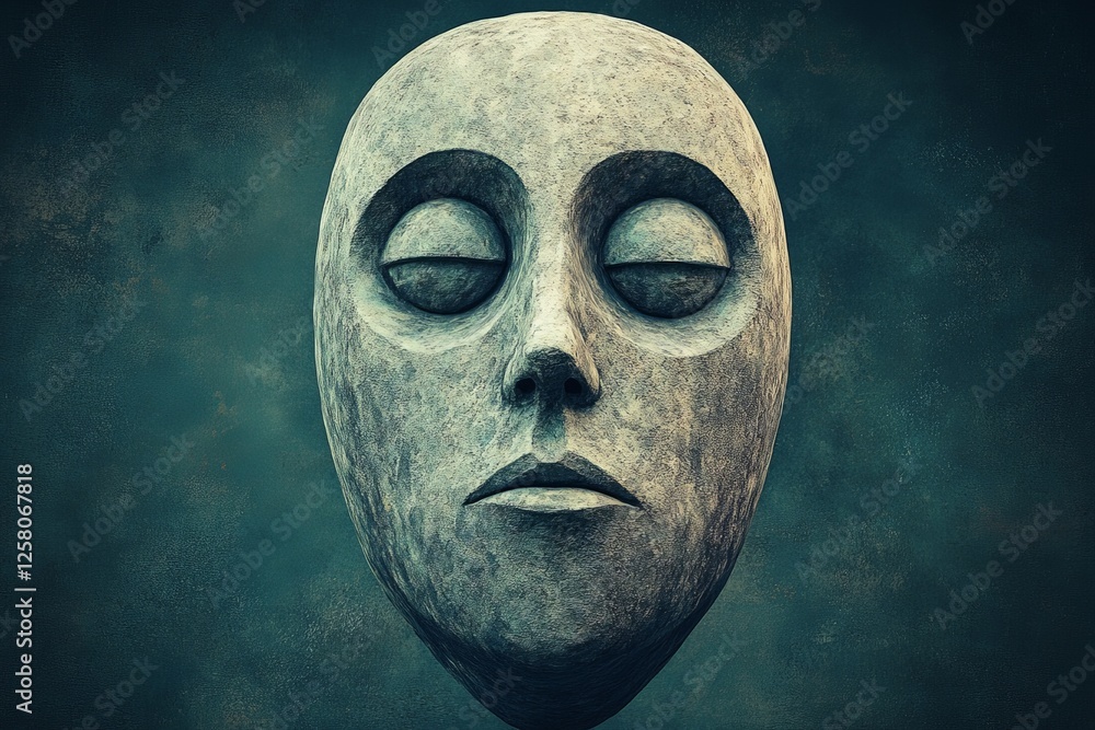 Poster mysterious sculpture of a humanoid face with closed eyes and serene expression on a textured blue ba