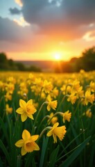 Narcissi field with bright yellow flowers at sunrise, meadow, scenery