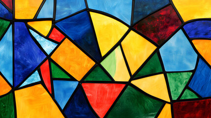 Fototapeta premium Abstract Colorful Geometric Stained Glass Window Design Featuring Vivid Hues of Blue, Red, Yellow, and Green in an Intricate Pattern