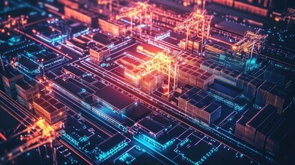 3D visual of an efficient supply chain, illustrating interconnected logistics, resource management, and the smooth flow of goods through a high-tech, optimized system.
