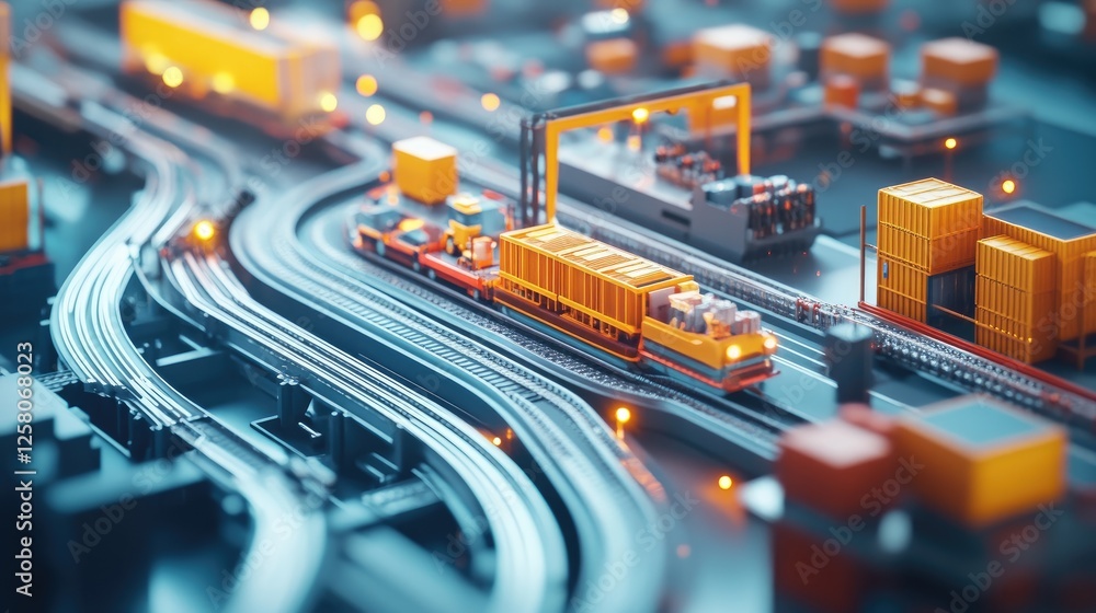 Poster 3D visualization of an efficient supply chain process, highlighting interconnected logistics, resource management, and optimized workflows for streamlined operations.