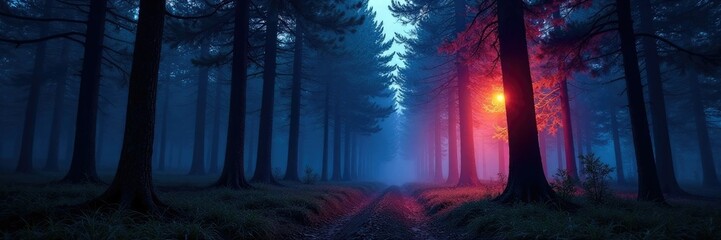 Fototapeta premium Nocturnal forest with glowing trees and dark sky, evening forest scenery, mysterious forest landscape, natural light in forest