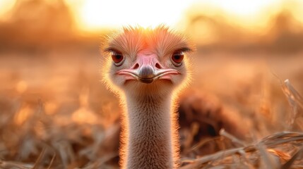 A captivating portrait of a vibrant ostrich under a glowing sunset, showcasing its expressive features and the breathtaking beauty of nature in a serene moment.