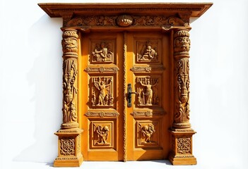Fototapeta premium Ornate Carved Wooden Door with Religious Reliefs on White Wall