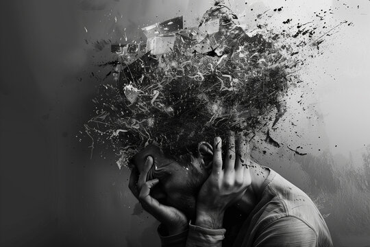 A surreal portrait of a man with overloaded mind, person's head exploding into fragments, creative idea or depression