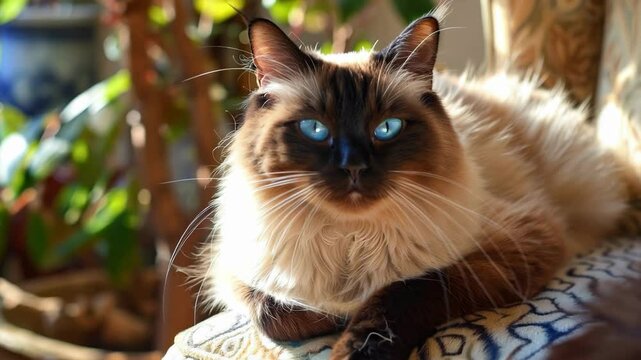 Elegant balinese cat relaxing indoors with bright blue eyes AI