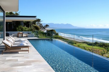 Fototapeta premium Infinity pool overlooking tranquil ocean and majestic mountains