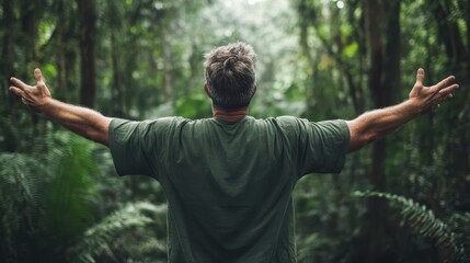 A man stands with arms wide open in a dense green forest, embracing the serenity and tranquility that nature provides, highlighting a moment of connection.
