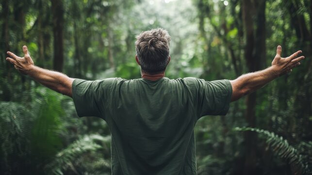 A man stands with arms wide open in a dense green forest, embracing the serenity and tranquility that nature provides, highlighting a moment of connection.
