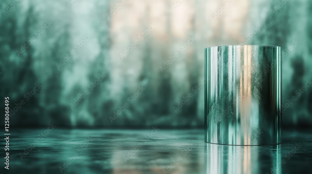 Poster a striking image of a single, polished metallic cylinder emanating a mysterious aura, emphasizing or