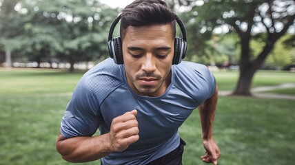 Fototapeta premium Man Running Outdoors Wearing Headphones Active Lifestyle Healthy Fitness Exercise Jogging Sporty Athletic Blue Shirt Summer Park Nature Green Background Activewear male body speed focus music audio 