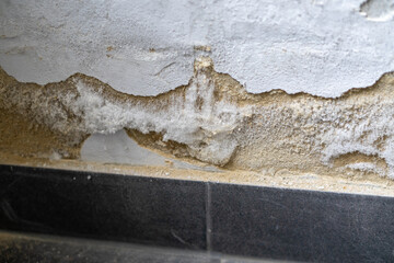 Wet wall in the house floor with Saltpeter, harmful building damage symbol