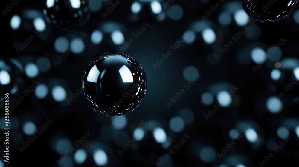 Poster an intriguing composition of dark-colored abstract bubbles reflecting light, creating a mysterious a
