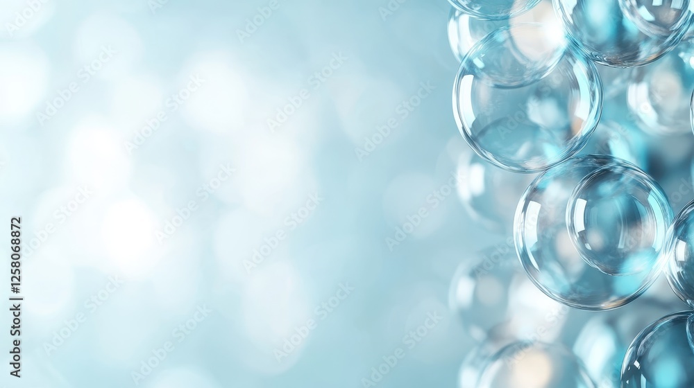 Poster an artistic close-up of shimmering bubbles against a soft blue background, creating a delicate visua
