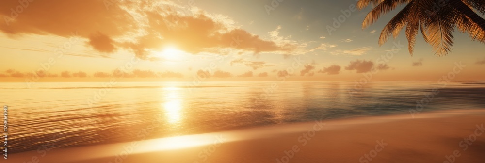Poster serene sunset over calm ocean waters with palm trees lining the shore during twilight hours. generat