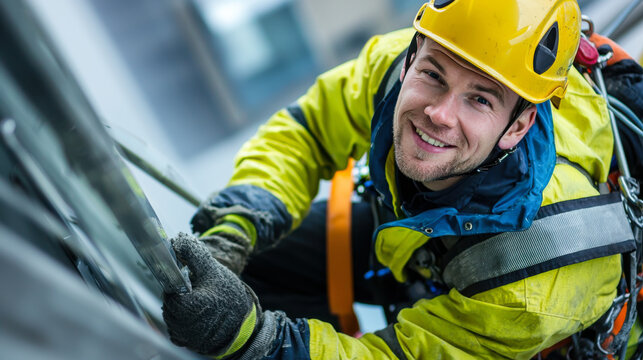 maintenance engineer smiles while working at height, wearing safety gear and helmet