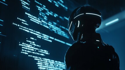 Futuristic glowing robot design with programming code overlay on a dark background. Concept of artificial intelligence, technology, and robotics in a 3D rendered digital environment