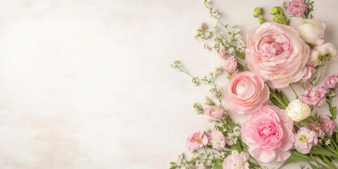 Flowers composition. Frame made of pink ranunculus flowers on white wooden background. Flat lay, top view, copy space