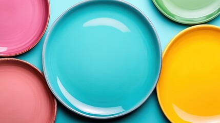 A playful arrangement of colorful plates featuring pink, blue, yellow, and green hues creates an engaging visual appeal, perfect for dynamic culinary presentations or artwork.