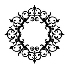 Elegant black and white frame featuring a symmetrical, swirling design and ornamental elements.
