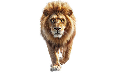 Obraz premium Majestic lion walking towards the viewer against a white isolated background.