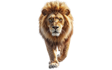 Majestic lion walking towards the viewer against a white isolated background.