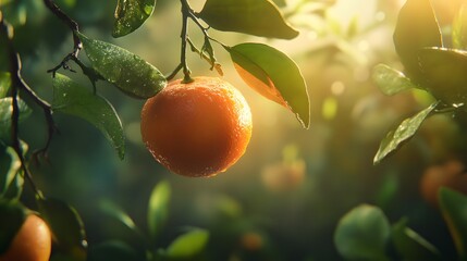 Fresh Juicy Orange Hanging on Tree Branch in Sunlight
