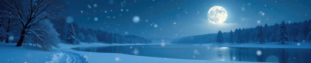 Snowflakes dance in the air as a gentle breeze stirs under the soft illumination of the full moon on a winter landscape, peaceful evening, wintry atmosphere, frozen lake