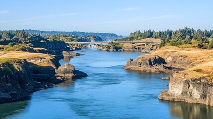 Stunning River Landscape with Bridge and Rocky Shores