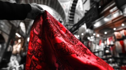 Naklejka premium A merchant offering a red silk scarf.